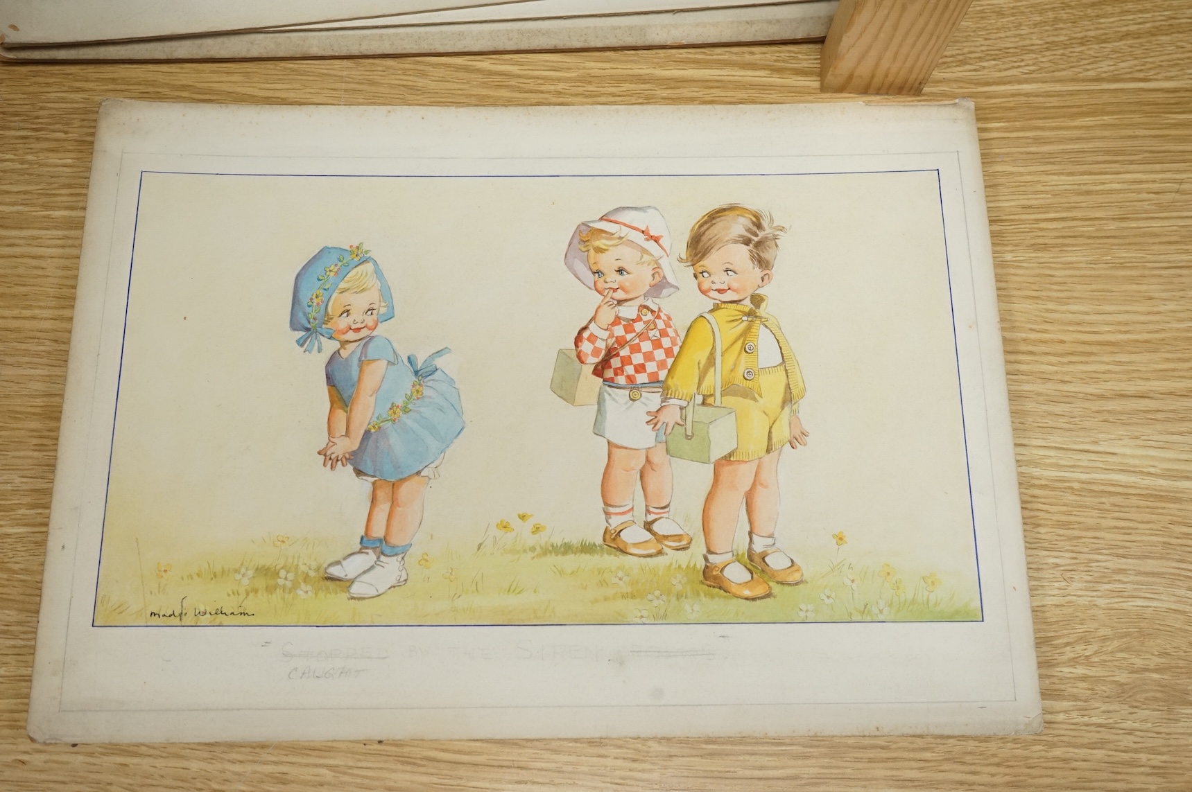 Madge Williams (1902-1986), a set of six original watercolours for children's postcard artworks, WWII examples to include The Home Guard, Caught by the Siren and But you said - Fall In, some signed with inscriptions, unf